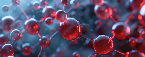Science close up view on molecule and atom model, panorama banner. Generative AI.