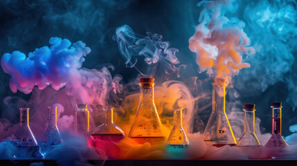 Colorful Laboratory Glassware on Chemical Background