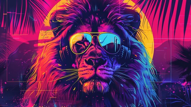 Mighty rasta lion in earphones and mirror glasses on abstract magenta background. 80s vibe, Rastafarian culture, synthwave style, AI Generative. synthwave lion. Illustrations