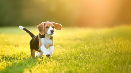 Beagle Welpe rennt über die Wiese 