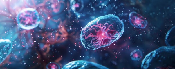 Obraz premium Cell under microscope, healthcare concept panorama banner. Generative AI.