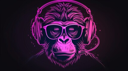 pink shiny monkey with sunglasses and headphones agains black background. synthwave monk. Illustrations