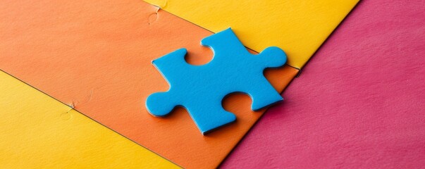 Colorful abstract background with a single blue puzzle piece representing creativity, problem-solving, and individual importance, Abstract puzzle piece with geometric shapes