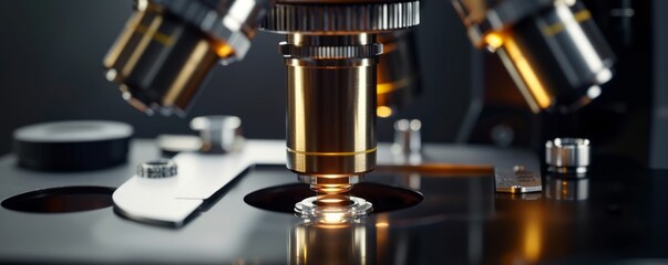 Close-up of microscope with metal lens, healthcare concept panorama. Generative AI.