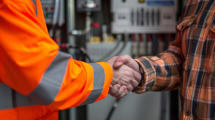 close up of electrician shaking hands with business owner in front of an electrical panel, orange vest and plaid shirt, 
