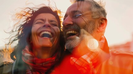 A middle-aged Hispanic couple, one of them is a football hooligan and the other is wearing a scarf, are watching the game, grinning, and laughing double exposure