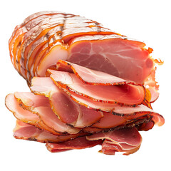 slices of ham on white background