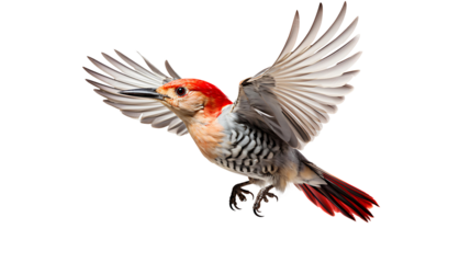 Red-bellied woodpecker flying PNG. Red-bellied woodpecker isolated. Bird with luscious red feathers PNG