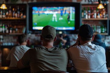Fototapeta premium In a sports pub, three men watch football on TV.