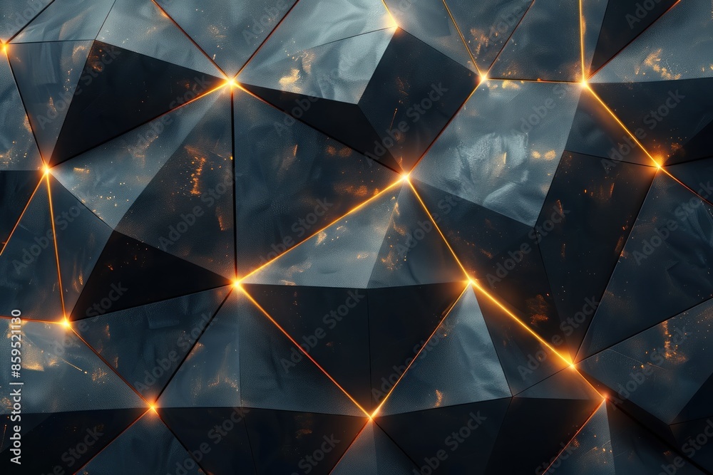 Poster black abstract geometric background from polygons with glowing lines. ai generative