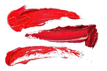 Set of scarlet red lipstick and nail polish brushes swatch strokes isolated on transparent background