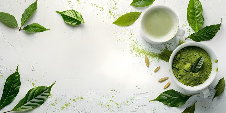 Visual representation of powdered matcha tea and kratom leaves on a white background. Concept Still Life Photography, Herbal Products, Natural Remedies, Wellness Industry, Organic Ingredients