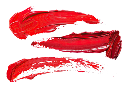 Set of scarlet red lipstick and nail polish brushes swatch strokes isolated on transparent background