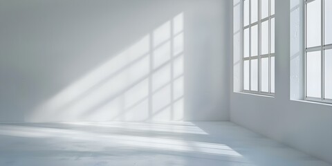Serene Ambiance in an Empty Room with a Single Beam of Light Casting Window Shadow. Concept Minimalist Interiors, Natural Lighting, Shadow Photography