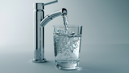 Stream of water flowing from tap in kitchen, space for text