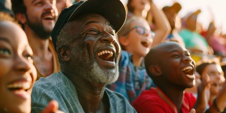 Male members of the extended family attending a game from the stands, supporting their sports team.