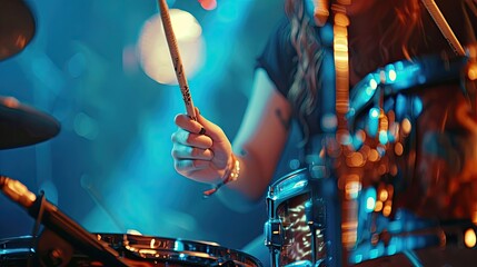 Obraz premium A drummer is playing a drum set with a drumstick in his hand. The drum set is surrounded by a blue background