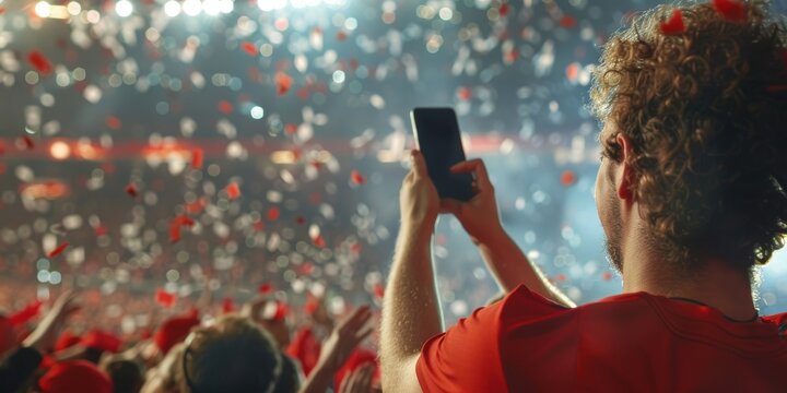 Sport Stadium Soccer Match: Caucasian Man Watching App, Bet, Score, Winnings, Cheering for Red Team to Win. Audience Rejoices Over Goal and Title Win