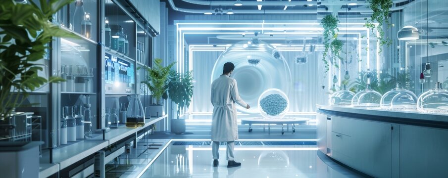 Scientist in laboratory working on cure, healthcare concept panorama. Generative AI.