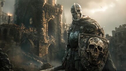 Fototapeta premium Medieval knight in armor with a detailed shield stands in front of a castle, exuding bravery and strength in a historic, battle-ready setting.