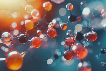 Science close up view on molecule and atom model. Generative AI.