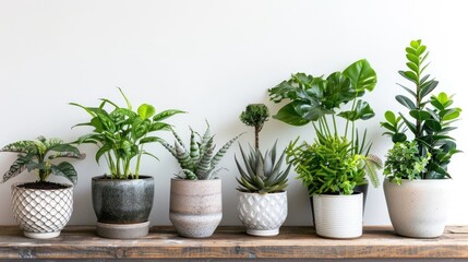 Fototapeta premium Variety of lovely houseplants in pots on wooden table against white wall