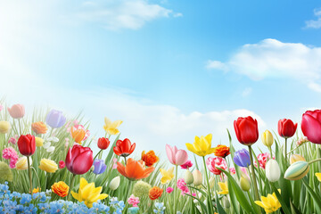 Obraz premium Colorful Tulips in Blooming Flower Field Under Bright Blue Sky, Spring Landscape