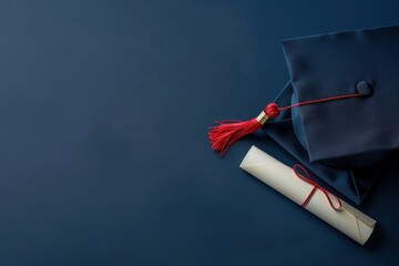 Graduation Cap and Diploma on Blue Background

