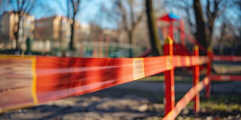 Background obscured by the COVID-19 coronavirus limitation. A red cautionary band. football field and stadium closed. Nobody because of the quarantine. Playground and park abandoned.