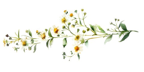 Botanical Art Watercolor Painting of Feverfew Herb on White Background. Concept Botanical Art, Watercolor Painting, Feverfew Herb, White Background