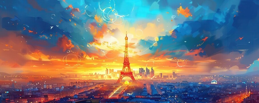 Eiffel Tower at sunset with vibrant sky and cityscape
