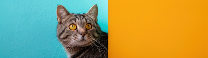 Playful cat exploring colorful wall gap