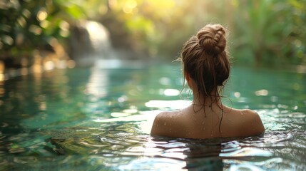 Fototapeta premium A woman basks in the serenity of a lush, natural environment, enjoying a peaceful swim in clear waters with a beautiful waterfall cascading in the background during golden hour.