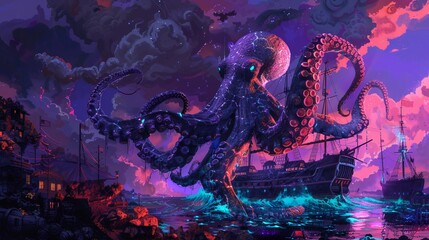 Obraz premium Multichromatic synthwave painting of agargantuan octopus over asunken pirate ship its body is made Generative AI. synthwave ship. Illustrations