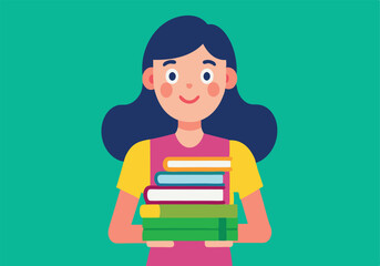A girl is holding a stack of books