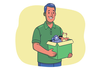 A man is holding a green box with stuffed animals inside
