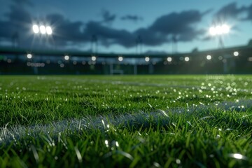a night sky, lush green grass, and an illuminated soccer stadium.arena.nighttime football stadium. They model and create an imagined stadium.