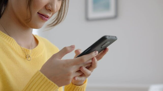 Closeup Young adult asia people Gen z girl relax take selfie photo snap shot chat show share using snapchat app post viral send text video vlog IG reels story instagram. Fun joy woman happy at home.