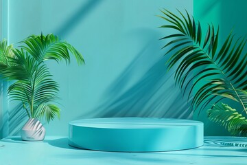 Fototapeta premium Green podium for product display with tropical leaves and shadow