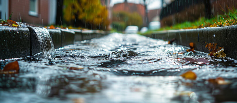 Rainwater flows into modern street drainage