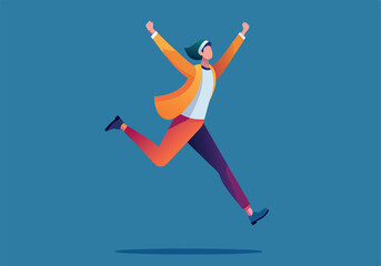 A man in a yellow jacket is jumping in the air