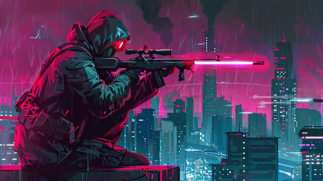 Fierce Soviet Red Army Sniper Wielding Deadly Mosin Nagant Rifle in Synthwave Esport. synthwave warrior. Illustrations
