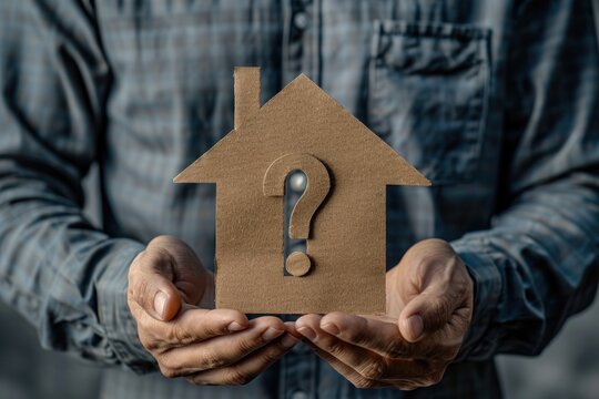 business man holding paper house with question sign. ai generative