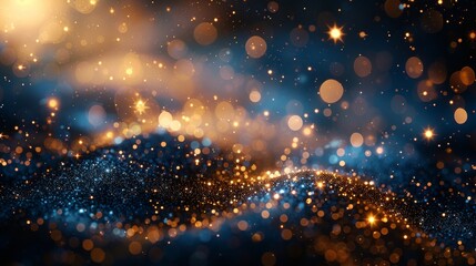 This image presents a magical scene with stars and light in golden and blue tones, creating an enchanting ambiance that captivates and transports the viewer to a whimsical, dreamy realm.