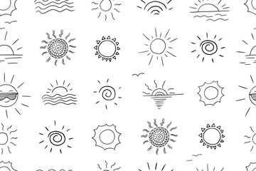 Cute seamless pattern of suns in doodle style. Sun in sunglasses, sunset, sun rays, sunshine, waves. Summer time. Hand drawn vector illustration. Great for poster, banner and professional design