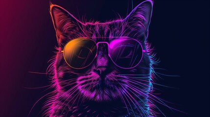 colorful Synthwave style cute cat with sunglasses, dark black background, Portrait, digital illustration ai art style. synthwave cat. Illustrations