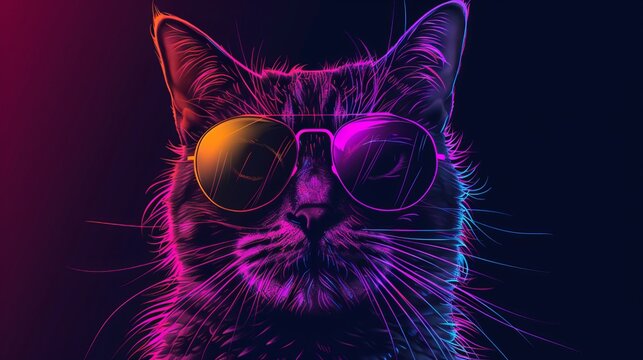 colorful Synthwave style cute cat with sunglasses, dark black background, Portrait, digital illustration ai art style. synthwave cat. Illustrations