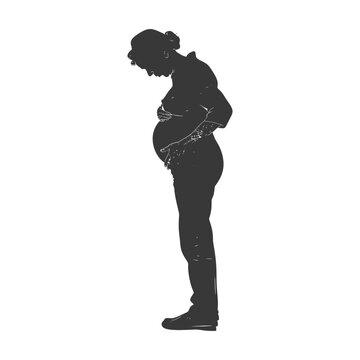 Silhouette of Pensive Pregnant Woman Holding Belly, Isolated on White.