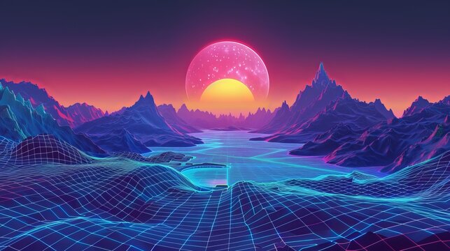 80s synthwave styled landscape with blue grid mountains and sun over canyon. synthwave arcade. Illustrations