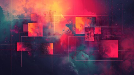 Naklejka premium Abstract digital art with vibrant red and purple hues, featuring geometric shapes and flowing clouds.